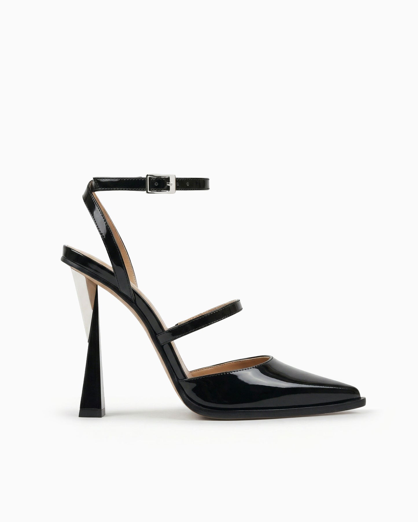 Victoria black patent leather heels with ankle strap and sculptural geometric heel, side view