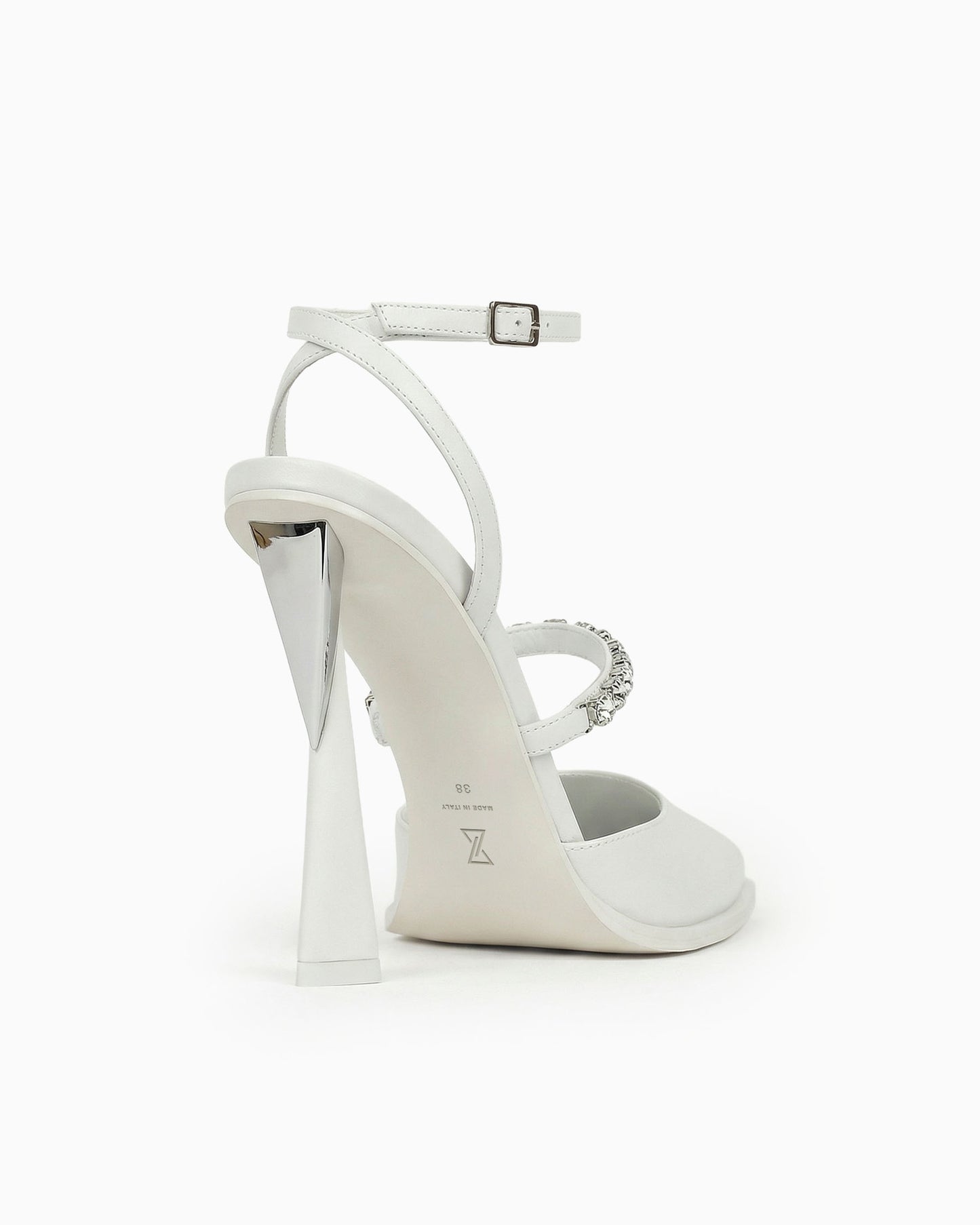 Victoria white leather heels with ankle strap and sculptural geometric heel, angled view