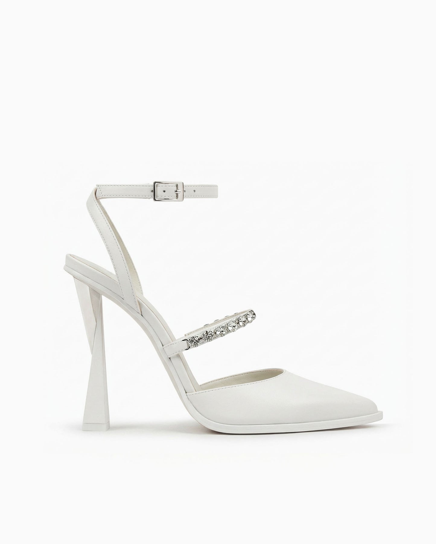 Victoria white leather heels with ankle strap and sculptural geometric heel, side view