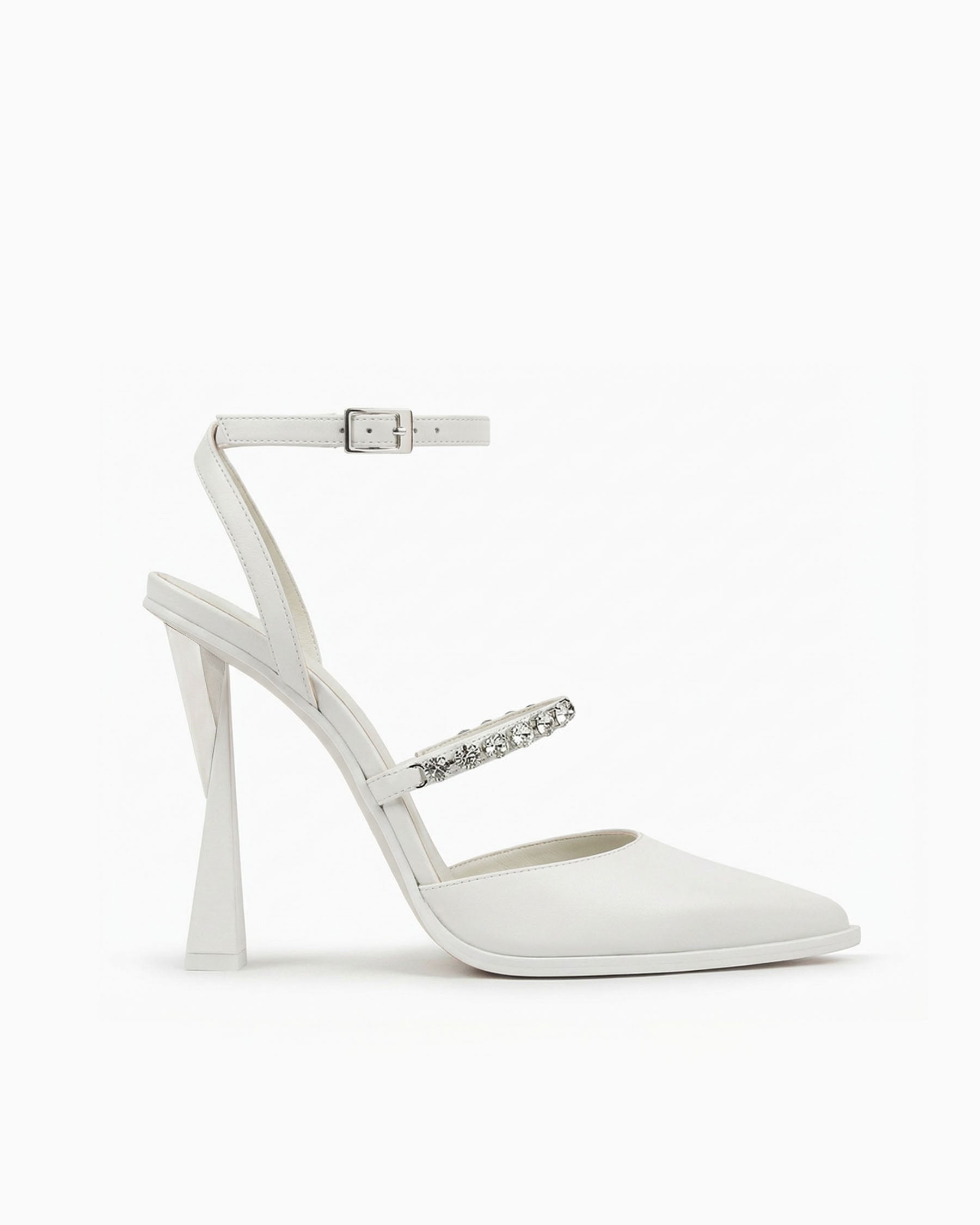 Victoria white leather heels with ankle strap and sculptural geometric heel, side view