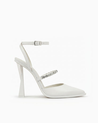 Victoria white leather heels with ankle strap and sculptural geometric heel, side view