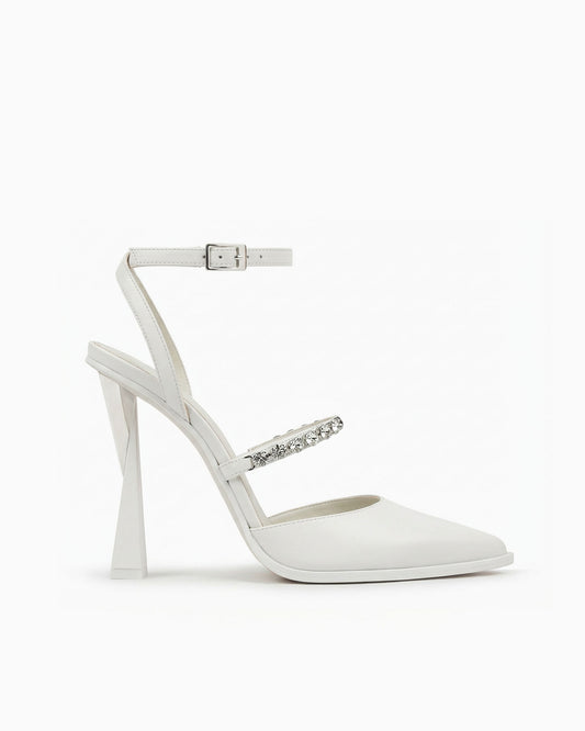 Victoria white leather heels with ankle strap and sculptural geometric heel, side view
