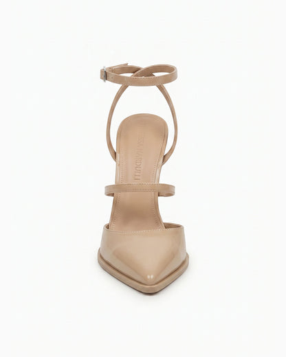 Victoria nude patent leather heels with ankle strap and sculptural geometric heel, front view